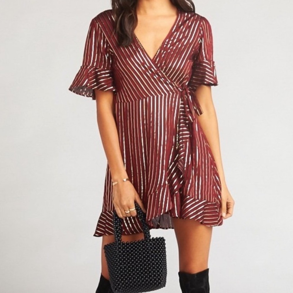 Show Me Your MuMu Red Gold Striped Leslie‎ Mini Wrap Dress Size Small